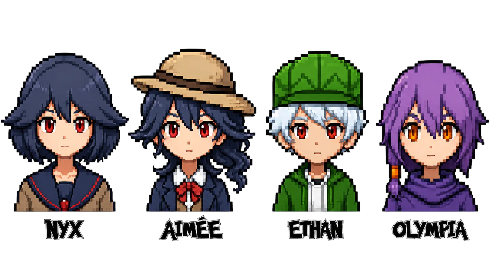Nyx, Aimée, Ethan, and Olympia, the main characters of Pokémon Odyssey