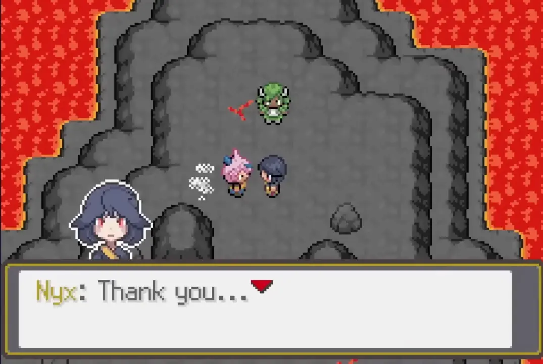 Nyx thanking her party after a battle in a lava cave in Pokémon Odyssey
